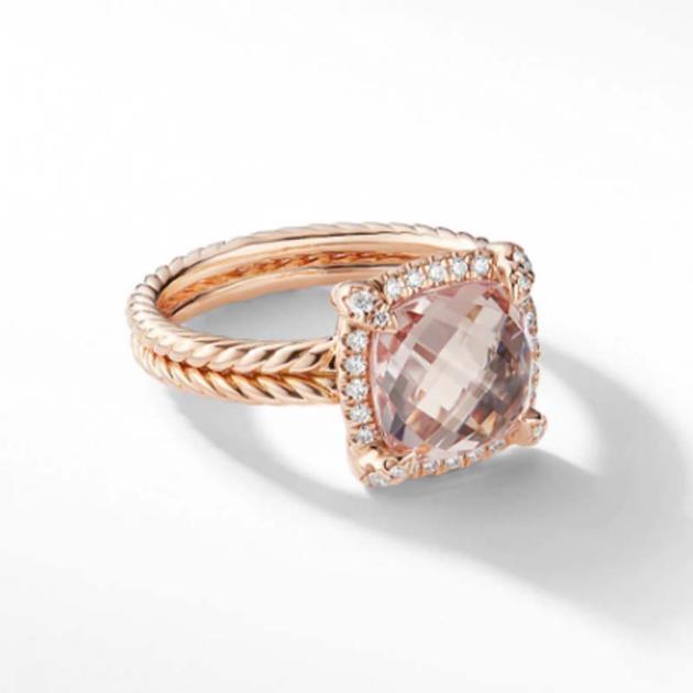 David Yurman Pave Bezel Ring with 9mm Morganite Diamonds in 18K Rose Gold