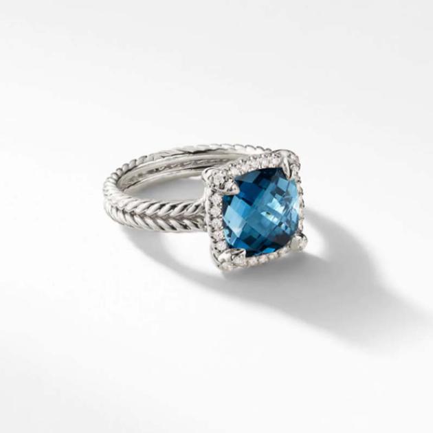David Yurman Pave Bezel Ring with 9mm Hampton Blue Topaz and Diamonds