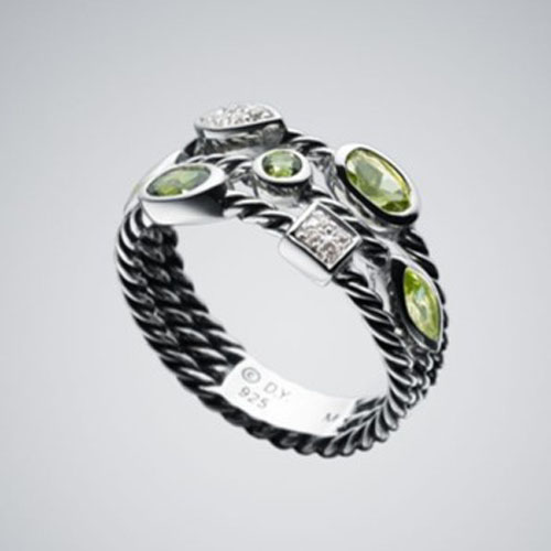 David Yurman Sterling Silver Jewelry Green Confetti Three Row Ring Fashion Gemstone