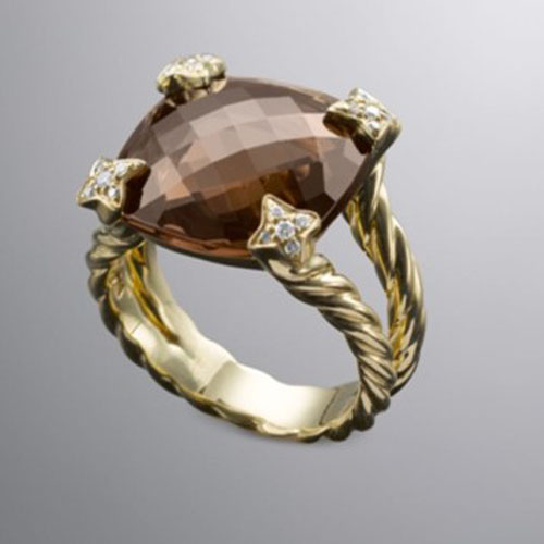 David Yurman Gold Plated Silver Jewelry Cushion on Point Ring Smoky Quartz Fashion Gemstone Jewelry