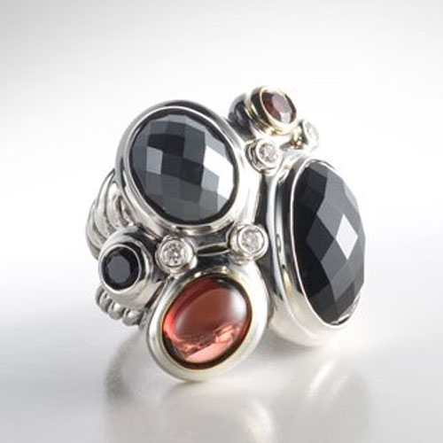 David Yurman 925 Silver Jewelry Multi Black Stone Oval Mosaic Ring Gemstone Ring