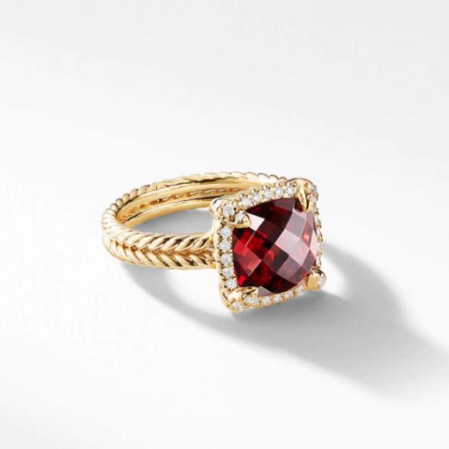 David Yurman Pave Bezel Ring with 9mm Garnet and Diamonds in 18K Gold