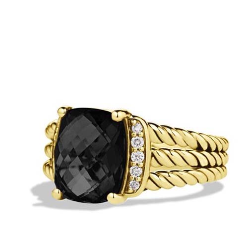 David Yurman 925 Silver Petite Wheaton Ring with Black Onyx in Gold Plated Charm Jewellery