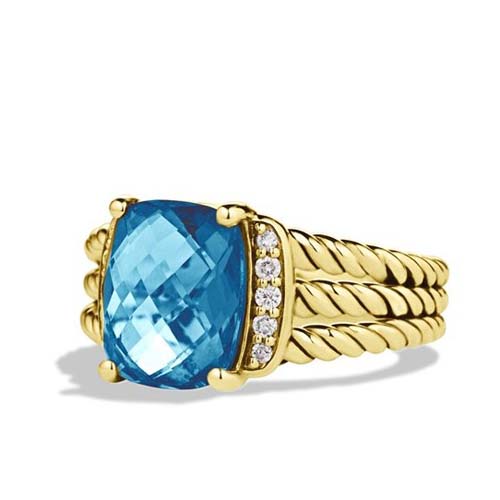 David Yurman 925 Silver Jewelry Petite Wheaton Ring with Hampton Blue Topaz in Gold Plated Diamond 
