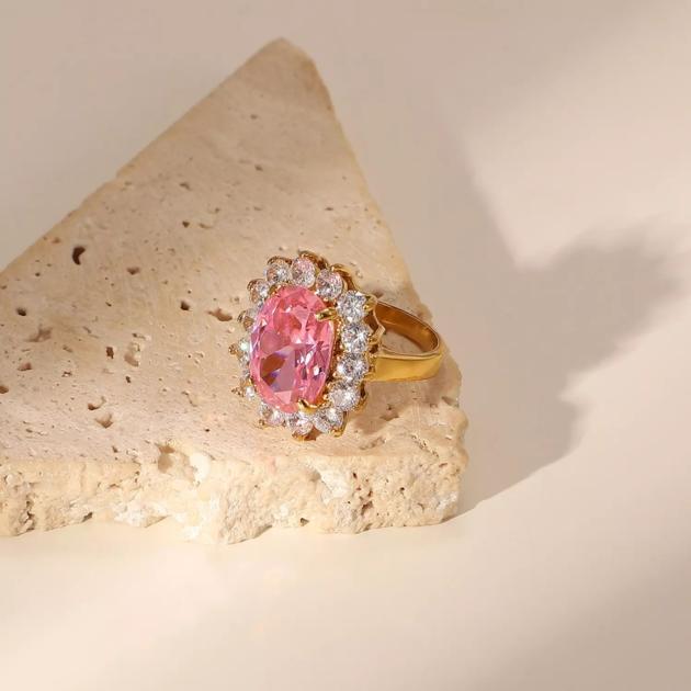 Stainless Steel Pink Cubic Zirconia Ring