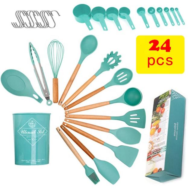 Heat Resistant Silicone 24Pcs Utensils Set Kitchen Cookware Utensil Tools Silicone Wooden Handle Kit