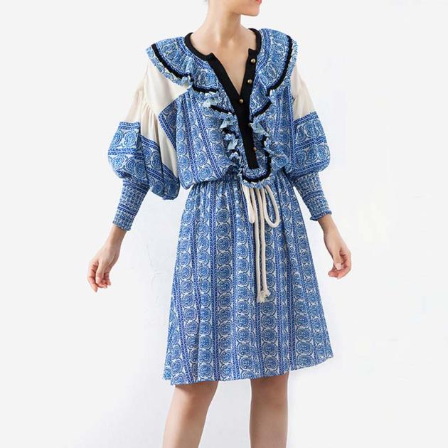 Fashion Vintage Print Summer Dress Women Lantern Sleeve High Waist Drawstring Dress