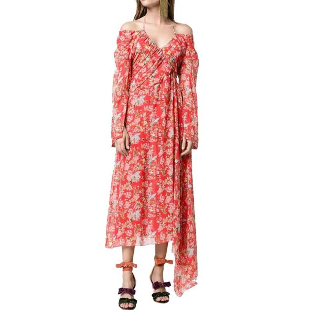 Custom Silk Asymmetrical Hem Floral Print Off-the-Shoulder Maxi Dress
