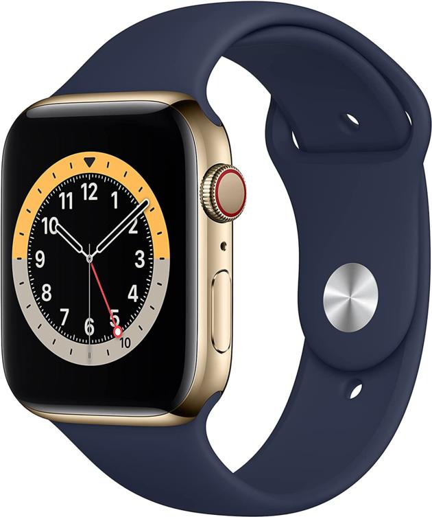 New Apple Watch Series 6 (GPS + Cellular, 44mm) - Gold Stainless Steel Case with Deep Navy Sport Ban