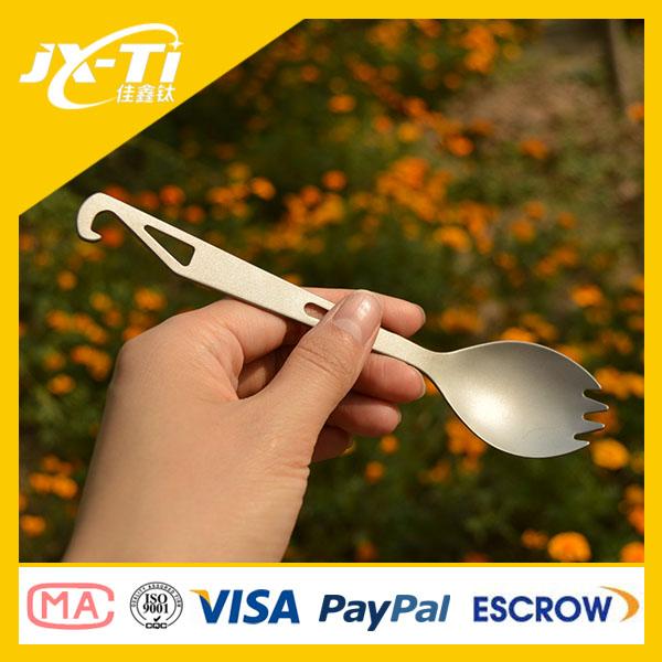 Multifunctional straight shank Titanium Spork, titanium camping cutlery with bottle opener