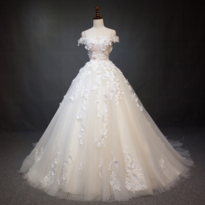 Ball-Gown Spaghetti Strap Sleeveless Lace Flower Bridal Dresses