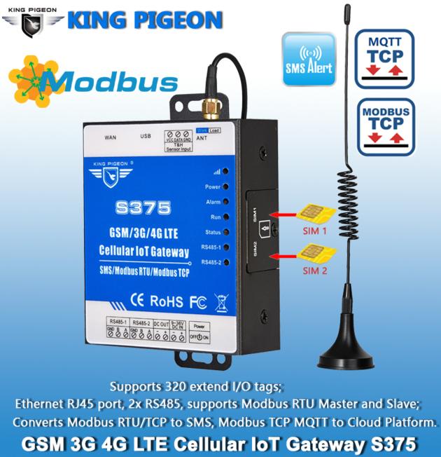 S375 2RS485 GSM GPRS 3G 4G Modbus RTU to MQTT IOT Modem with Dual SIMcard