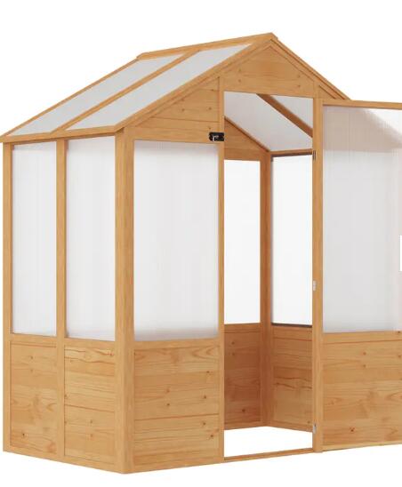 6' x 4' x 7' Wooden Greenhouse, Walk-in Green House, Outdoor Polycarbonate Greenhouse with Door, Nat