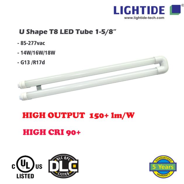 High Output U Shape T8 LED Tube 1-5/8″, 14W, CRI 90+, 150-170 lm/W