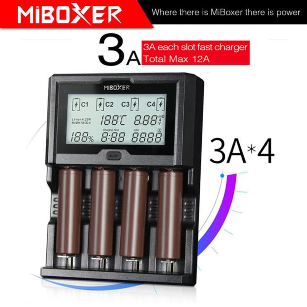 Miboxer C4-12 Fast Battery Charger 4 Bay Total 12A Super Fast 18650 Battery Charger