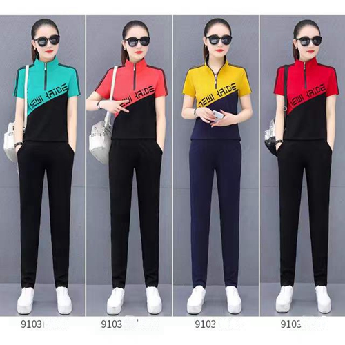 Monisa sports leisure colorful mixed suit with short sleeves and long trousers