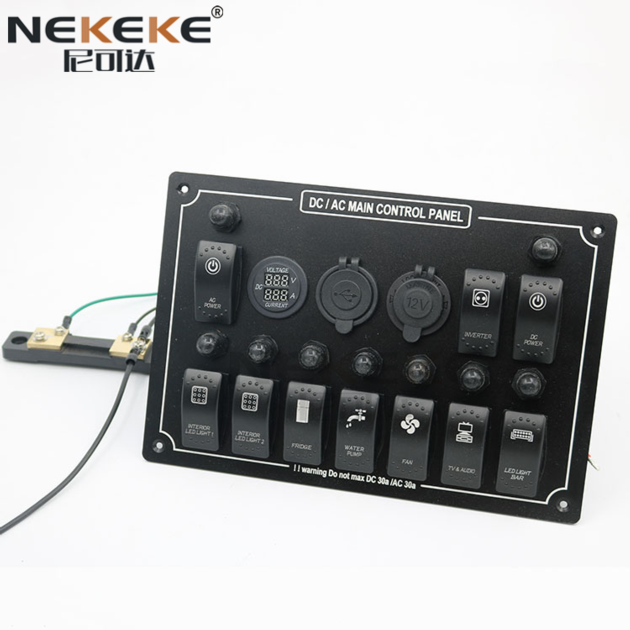 NEKEKE 12V/24V/125V/250V Waterproof LED Rocker 6 gang DC/AC Switch Panel with dual port USB socket