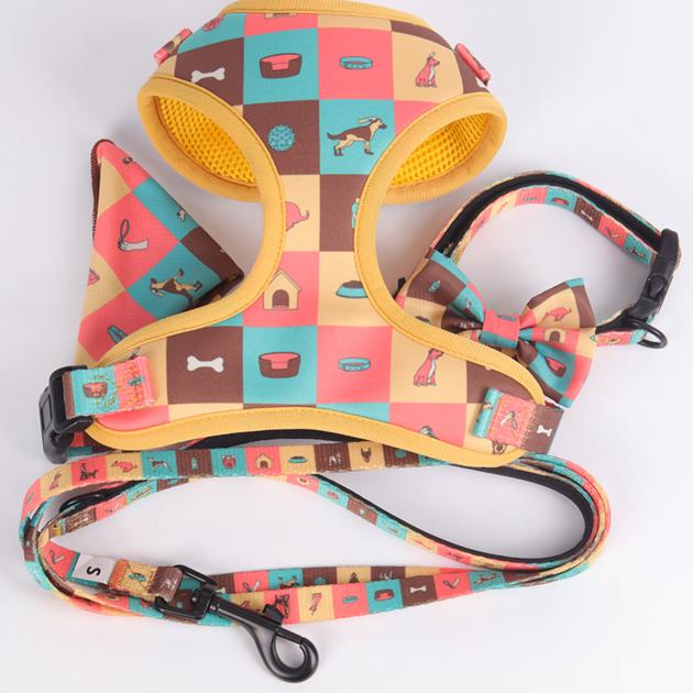 OKEYPETS Design Logo Pattern Adjustable Leash Soft Mesh Padded Reversible Luxury Lead Dog Harness An