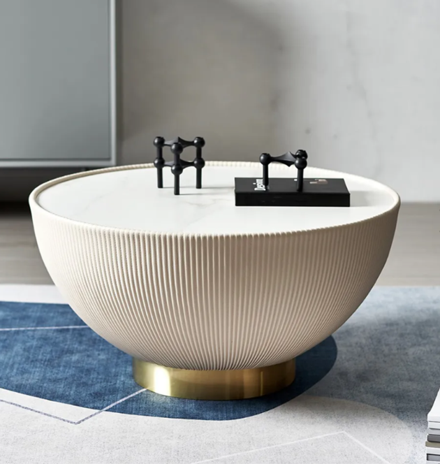 Modern Drum Coffee Table, Sintered Stone Coffee Table with PU Leather for Living Room, 2 Colors, 17.