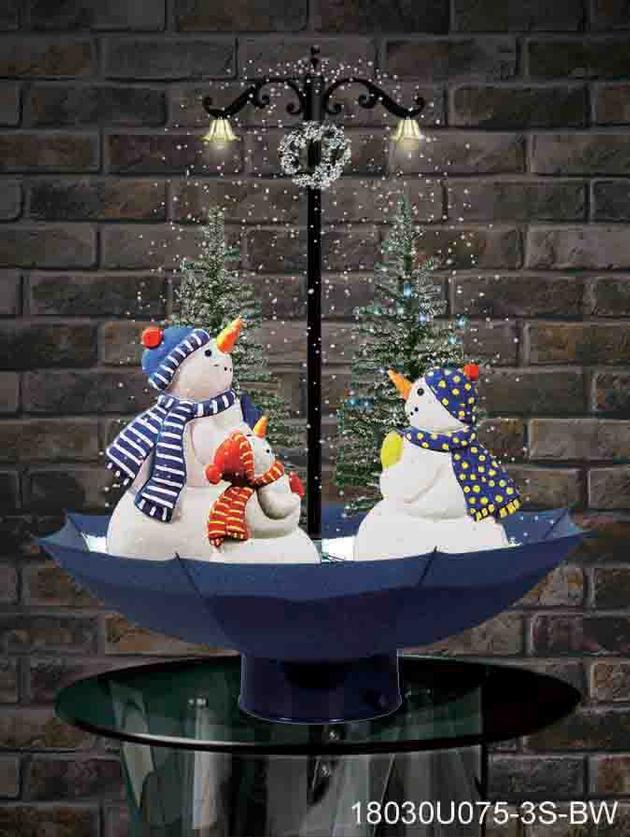 Snowing Snowmen Family with Blue Umbrella-Shaped Base