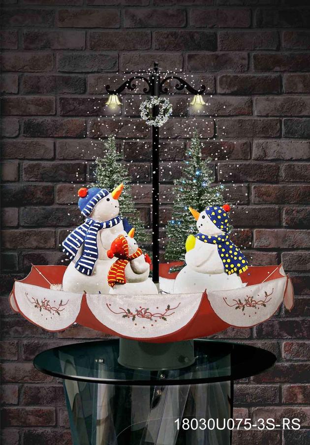 Snowing Snowmen Family with Umbrella-Shaped Base with Red Skirt
