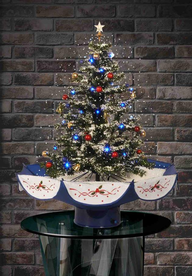 Snowing Christmas Tree with Umbrella-Shaped Base with Blue Skirt