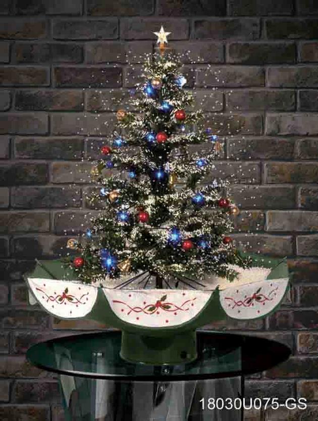 Snowing Christmas Tree with Umbrella-Shaped Base with Green Skirt 