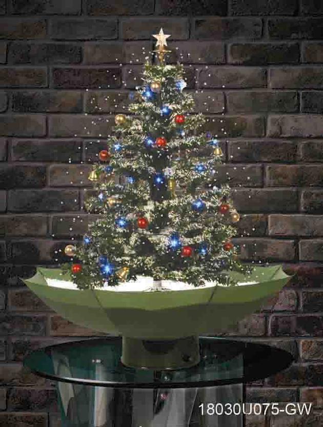 Snowing Christmas Tree with Green Umbrella-Shaped Base  