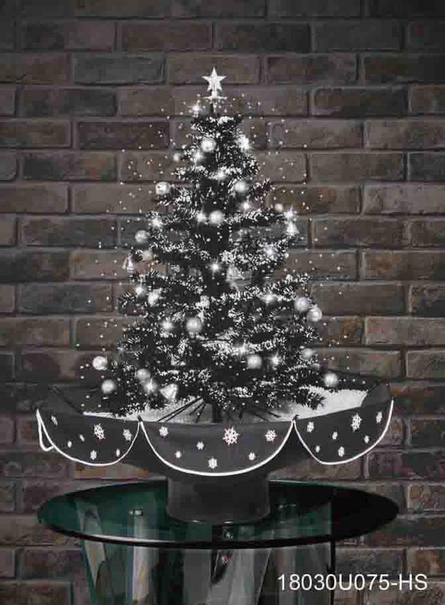 Snowing Christmas Tree with Umbrella-Shaped Base with Black Skirt 
