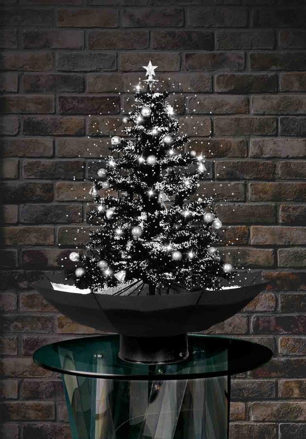 Snowing Christmas Tree with Black Umbrella-Shaped Base 