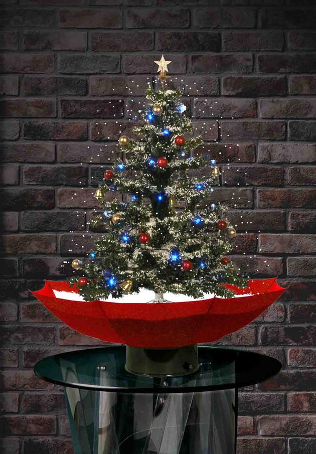 Snowing Christmas Tree with Red Umbrella-Shaped Base 
