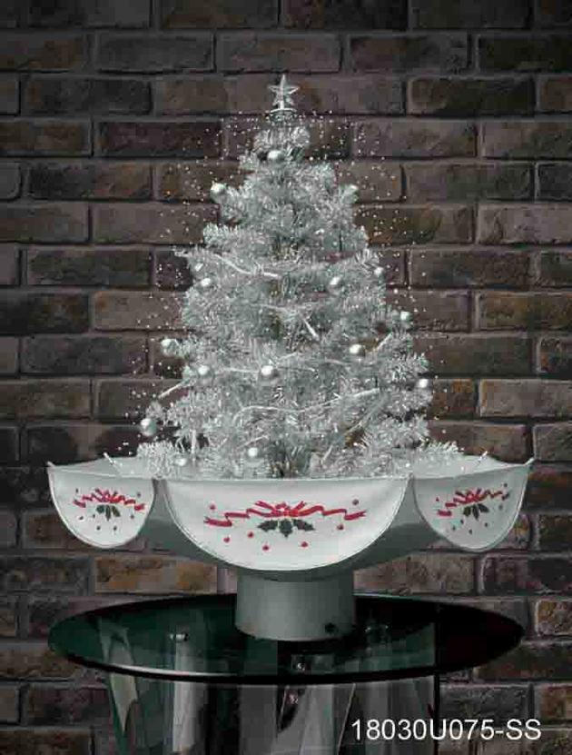 Snowing Christmas Tree with Umbrella-Shaped Base with Silver Skirt