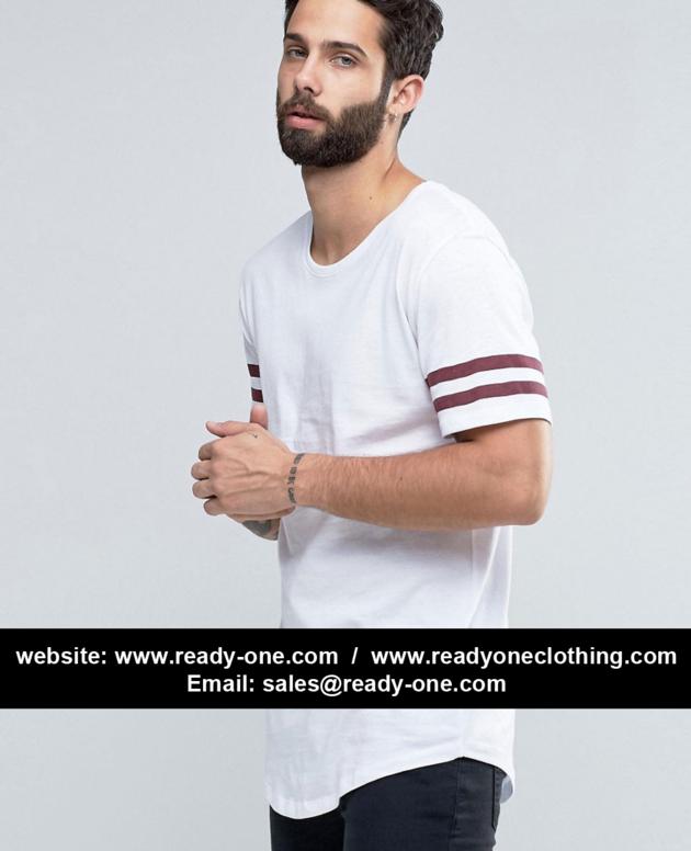 Longline T-shirt with Arm Stripes and Curved Hem