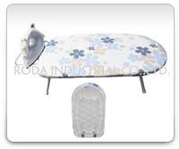 ironing board ,clothes dryer, shoe rack, shopping cart