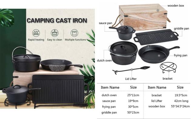 Private Label 6pcs Outdoor Camping Cast Iron Cookware Set