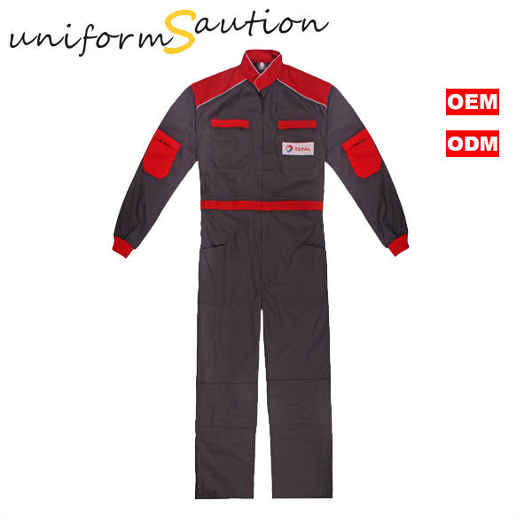 Custom Gray and Red Cotton Safety Coverall Uniforms