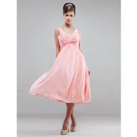 A-line V-neck Tea-Length Chiffon Bridesmaid/ Wedding Party Dress (HSX155)