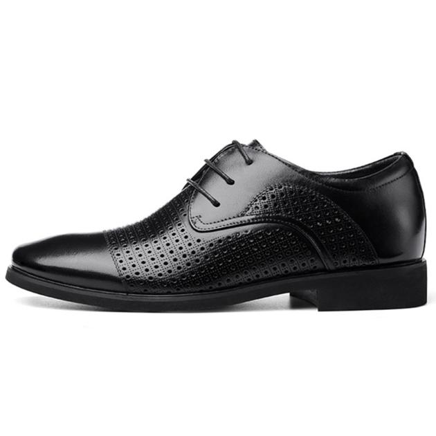 Summer Hollow Breathable Genuine Leather Men's Formal Dress Shoes With Hidden Elevator Lift Insole H