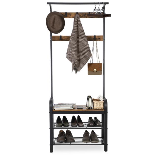 Wooden 3-Tier Shoe Rack Bench Hall Entryway Clothes Hanger Coat Hanging Stand Shelf with Hook
