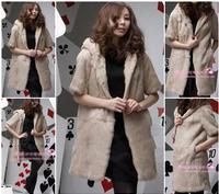 Women's Rabbit Fur Vests Coats Fur Jackets With Cap Apricot 1Z