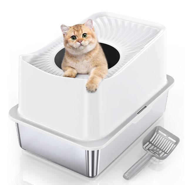 Top entry enclosed stainless steel cat litter box