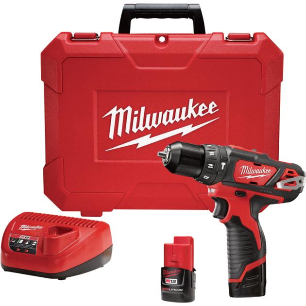  Milwaukee M12 Cordless Hammer Drill/Driver Kit — 3/8in. Chuck, Model# 2408-22