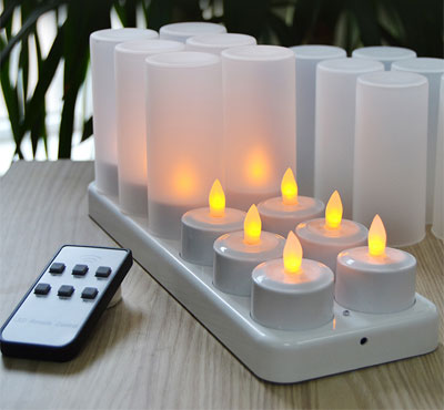 Remote Ready Amber Yellow Light Flickering Rechargeable LED Tealight Candle Set of 12 with Candle Co