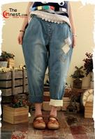 Mori Girls Plaid Cloth Asymmentrical Cuff Ladies Cotton Jeans