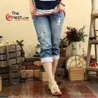 Mori Girls White Dot Distressed Comfortable Ladies Cropped Jeans