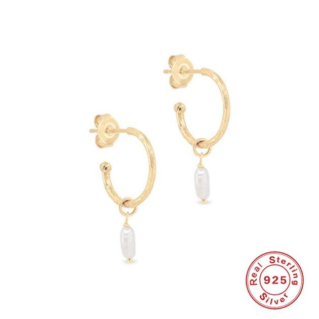 6-S925 Sterling Silver C Hoop Pearl Earrings