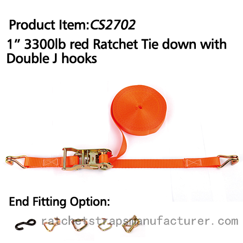 CS2702 1* 3300lbs red Ratchet Tie down with Double J hooks