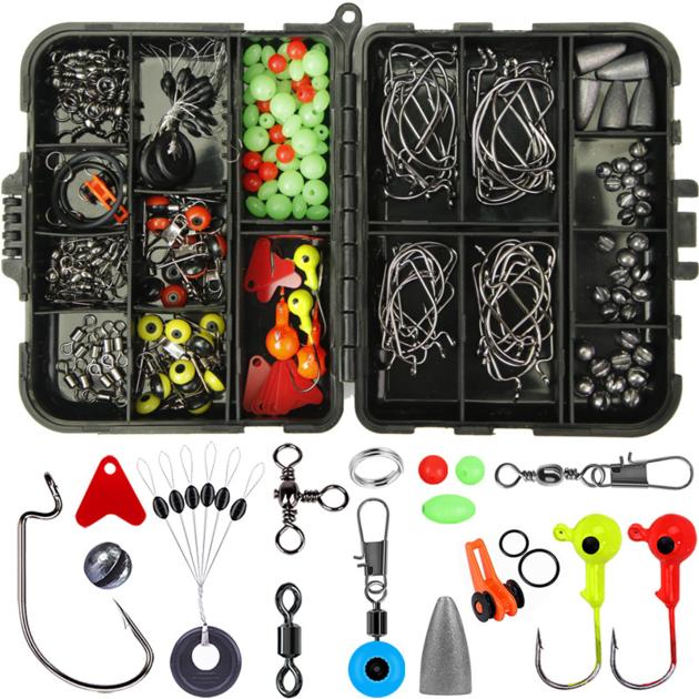 205pcs Fishing Tackle Box Carp Fishing Lures Bait Storage Cross Line Swivels Double Hooks Weights