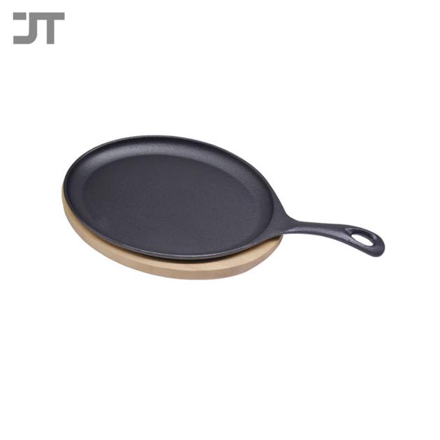 Oval Pre-seasoned Black Cast Iron Skillet With Wood Underliner 