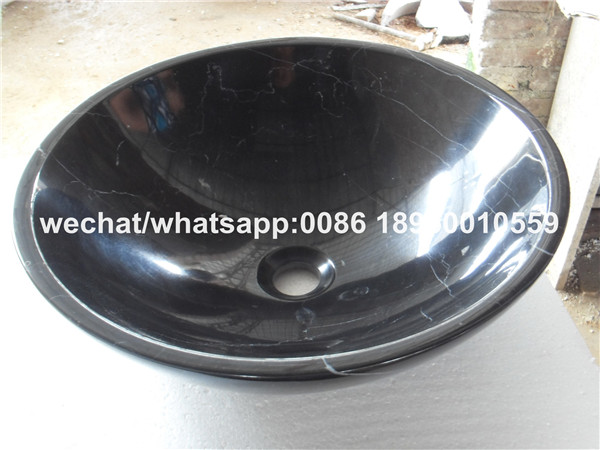 Black Marquina Marble Bathroom Round Vessel Sinks Stone Wash Basin 